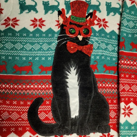Cat In A Top Hat Soft & Cozy Festive Christmas Sweater 33 Degrees Unisex Large - Picture 2 of 16